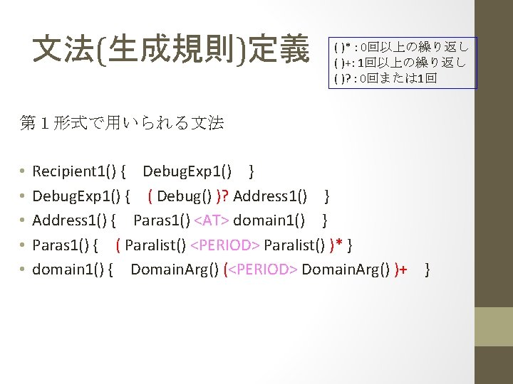 文法(生成規則)定義 ( )* : 0回以上の繰り返し ( )+: 1回以上の繰り返し ( )? : 0回または 1回 第１形式で用いられる文法