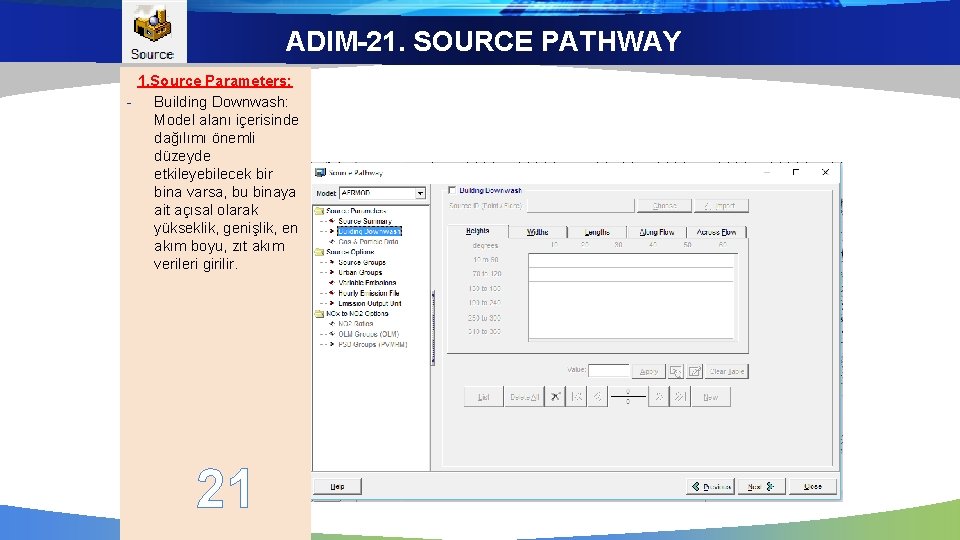 ADIM-21. SOURCE PATHWAY 1. Source Parameters: - Building Downwash: Model alanı içerisinde dağılımı önemli