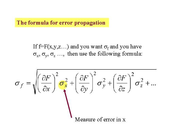 The formula for error propagation If f=F(x, y, z…) and you want f and