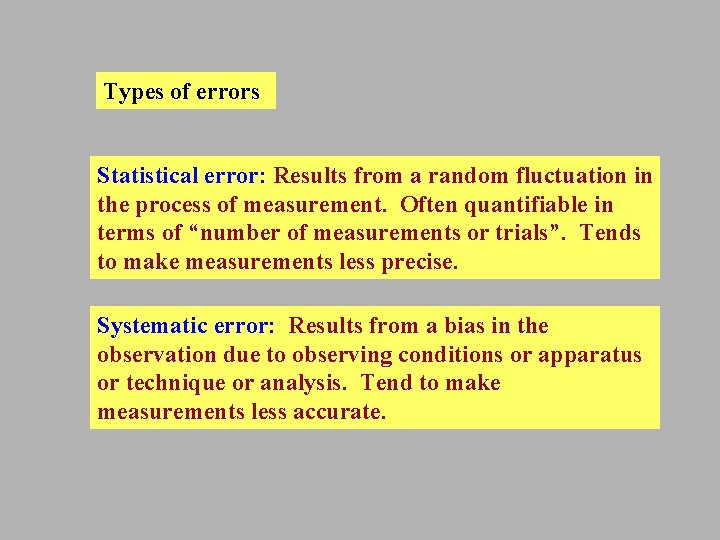 Types of errors Statistical error: Results from a random fluctuation in the process of