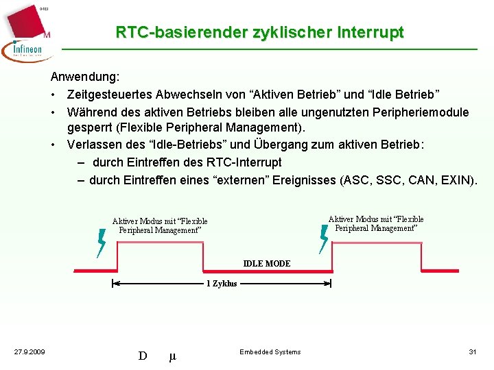 RTC-basierender zyklischer Interrupt Anwendung: • Zeitgesteuertes Abwechseln von “Aktiven Betrieb” und “Idle Betrieb” •