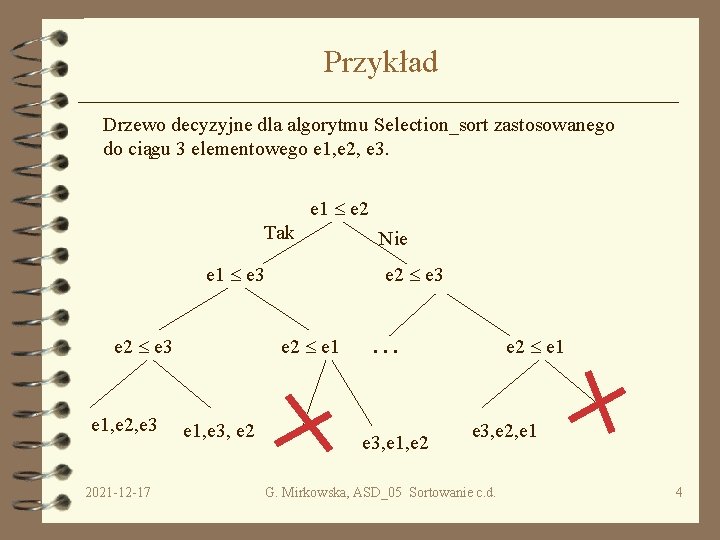 Przykład Drzewo decyzyjne dla algorytmu Selection_sort zastosowanego do ciągu 3 elementowego e 1, e