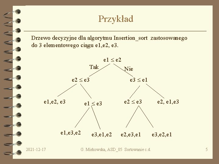 Przykład Drzewo decyzyjne dla algorytmu Insertion_sort zastosowanego do 3 elementowego ciągu e 1, e