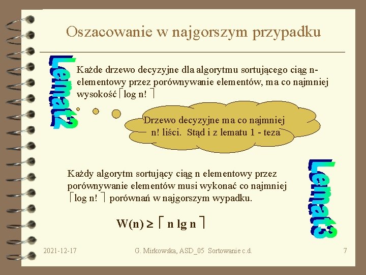 Oszacowanie w najgorszym przypadku Każde drzewo decyzyjne dla algorytmu sortującego ciąg nelementowy przez porównywanie