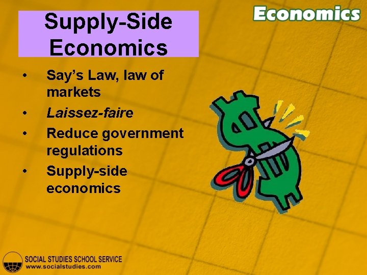 Supply-Side Economics • • Say’s Law, law of markets Laissez-faire Reduce government regulations Supply-side