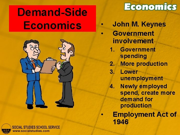 Demand-Side Economics • • John M. Keynes Government involvement 1. Government spending 2. More