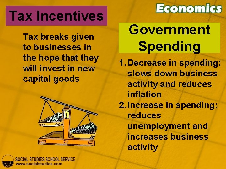 Tax Incentives Tax breaks given to businesses in the hope that they will invest