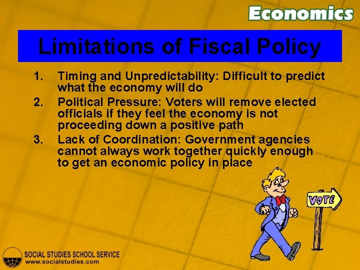 Limitations of Fiscal Policy 1. 2. 3. Timing and Unpredictability: Difficult to predict what