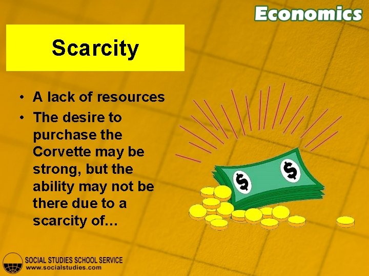 Scarcity • A lack of resources • The desire to purchase the Corvette may