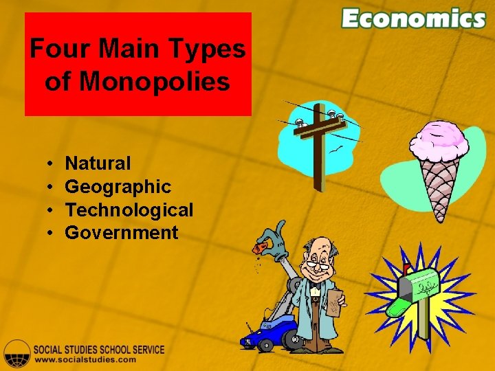 Four Main Types of Monopolies • • Natural Geographic Technological Government 