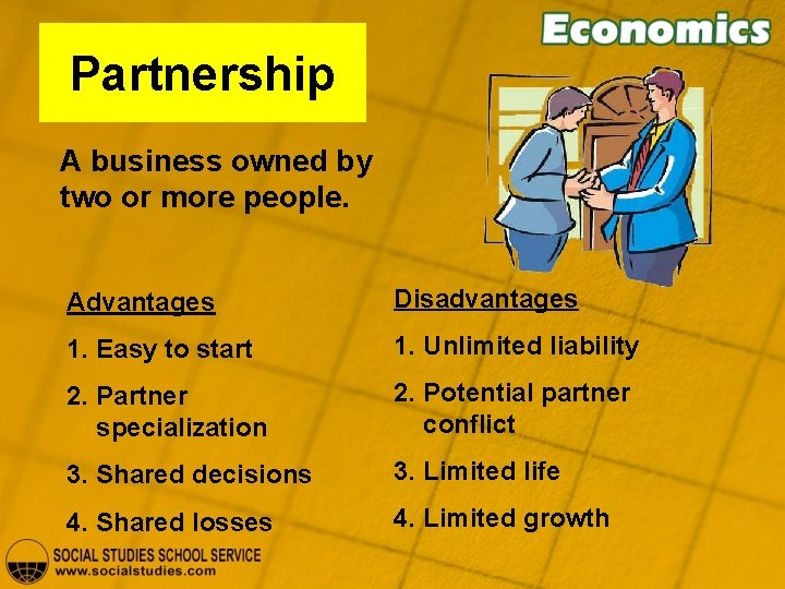 Partnership A business owned by two or more people. Advantages Disadvantages 1. Easy to