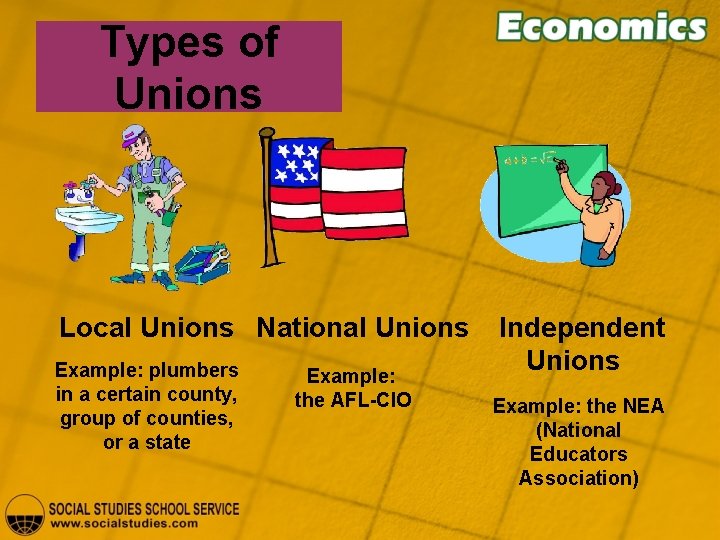 Types of Unions Local Unions National Unions Example: plumbers in a certain county, group