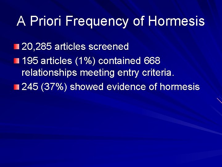 A Priori Frequency of Hormesis 20, 285 articles screened 195 articles (1%) contained 668