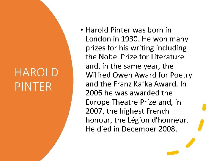 HAROLD PINTER • Harold Pinter was born in London in 1930. He won many