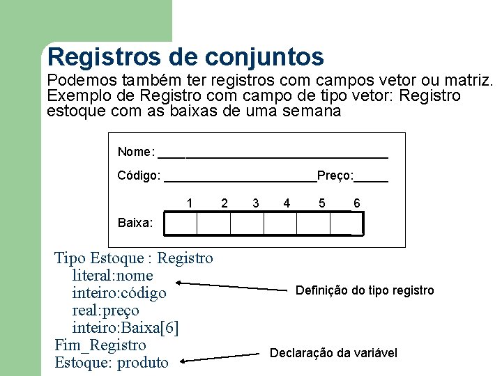 Registros de conjuntos Podemos também ter registros com campos vetor ou matriz. Exemplo de