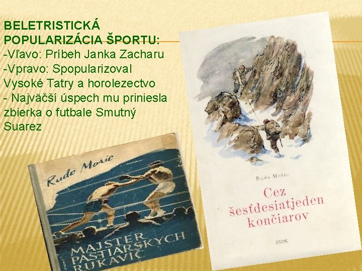 BELETRISTICKÁ POPULARIZÁCIA ŠPORTU: -Vľavo: Príbeh Janka Zacharu -Vpravo: Spopularizoval Vysoké Tatry a horolezectvo -