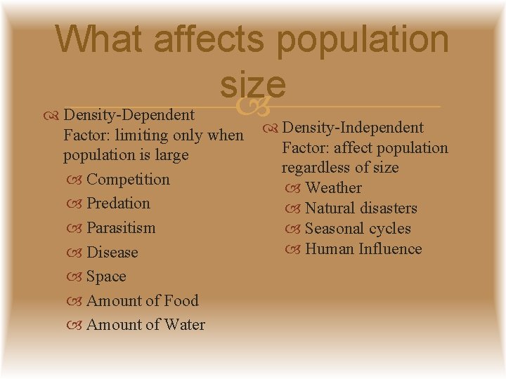 What affects population size Density-Dependent Factor: limiting only when population is large Competition Predation