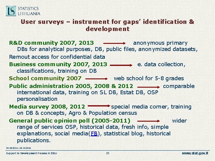 User surveys – instrument for gaps’ identification & development R&D community 2007, 2013 anonymous