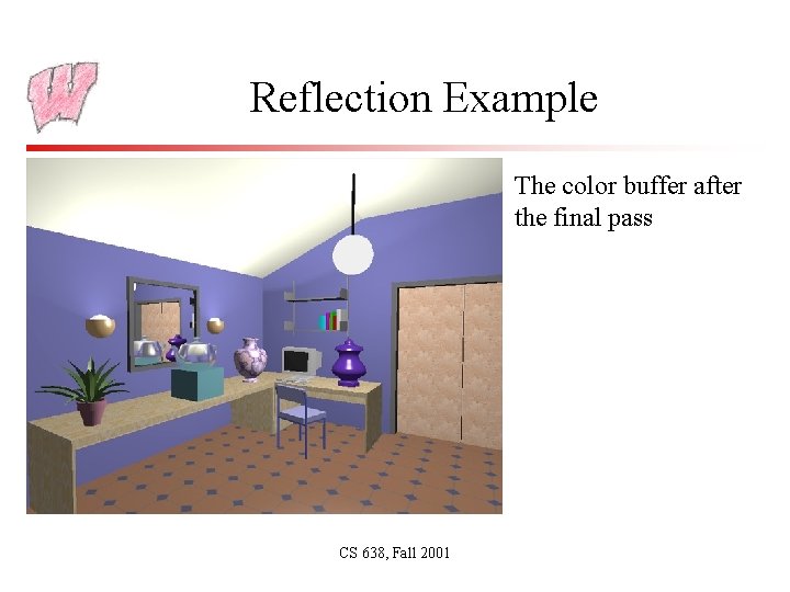 Reflection Example The color buffer after the final pass CS 638, Fall 2001 