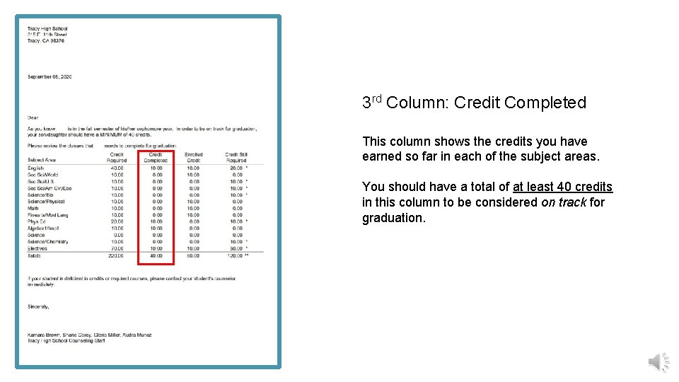 3 rd Column: Credit Completed This column shows the credits you have earned so