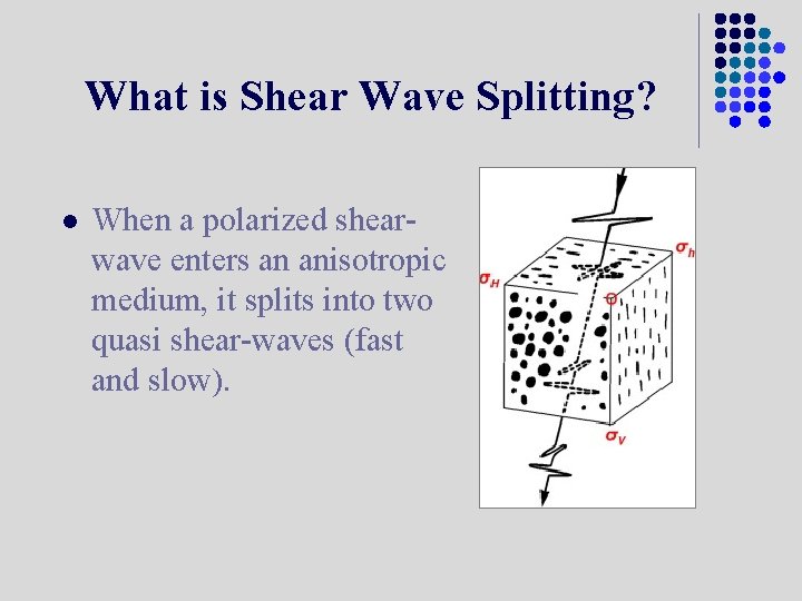 What is Shear Wave Splitting? l When a polarized shearwave enters an anisotropic medium,
