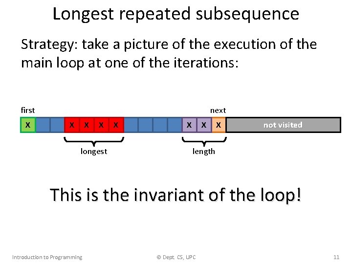 Longest repeated subsequence Strategy: take a picture of the execution of the main loop Longest repeated subsequence Strategy: take a picture of the execution of the main loop