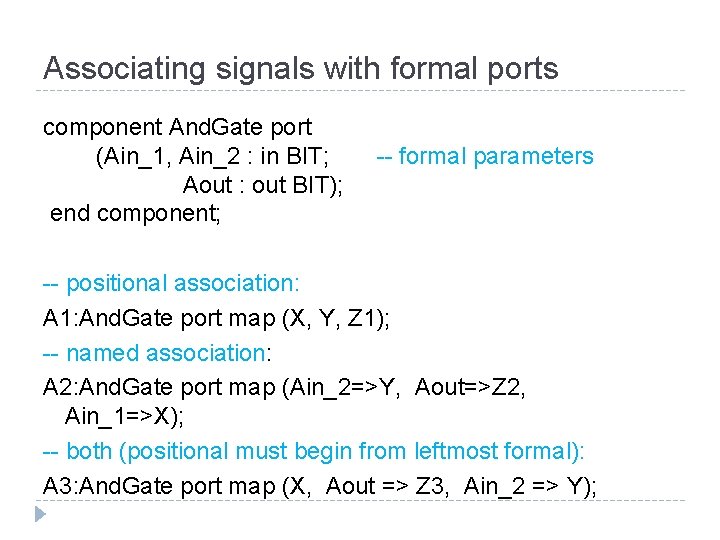 Associating signals with formal ports component And. Gate port (Ain_1, Ain_2 : in BIT;