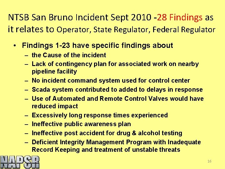 NTSB San Bruno Incident Sept 2010 -28 Findings as it relates to Operator, State