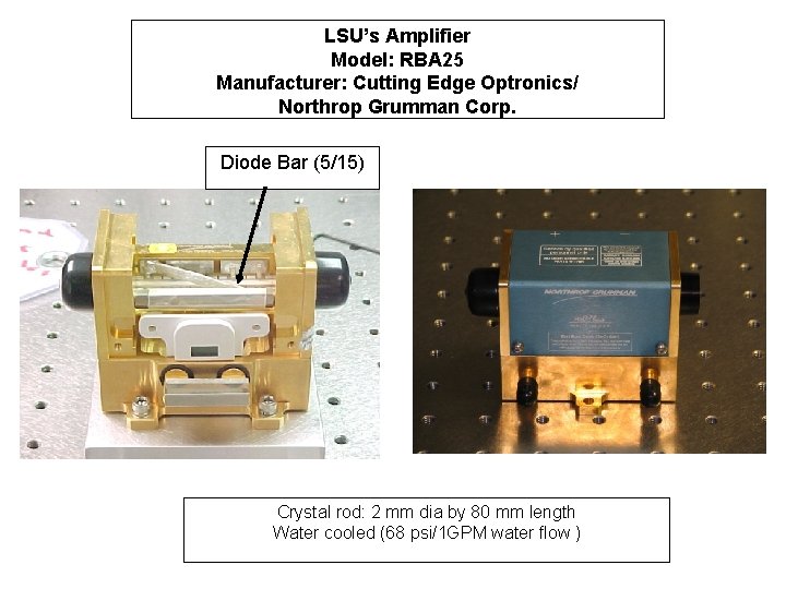 LSU’s Amplifier Model: RBA 25 Manufacturer: Cutting Edge Optronics/ Northrop Grumman Corp. Diode Bar