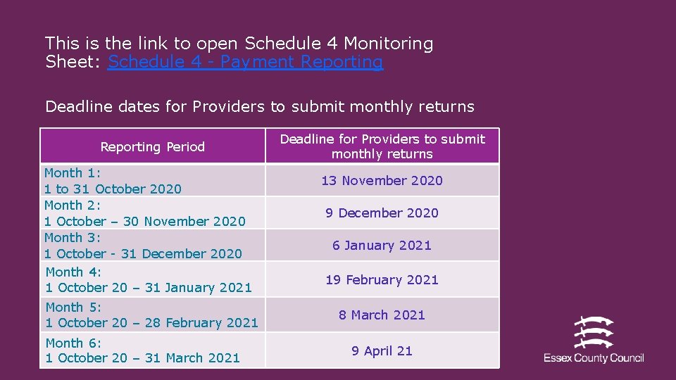This is the link to open Schedule 4 Monitoring Sheet: Schedule 4 - Payment