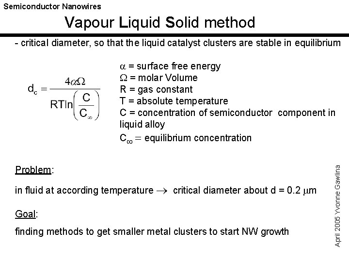 Semiconductor Nanowires Vapour Liquid Solid method - critical diameter, so that the liquid catalyst