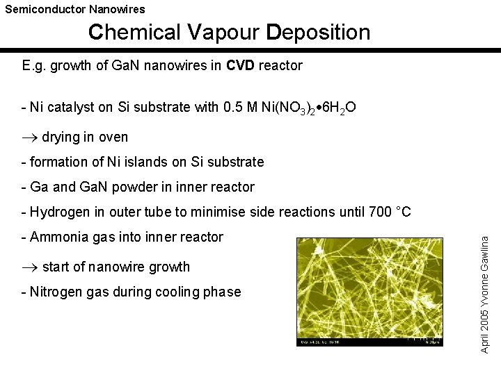 Semiconductor Nanowires Chemical Vapour Deposition E. g. growth of Ga. N nanowires in CVD