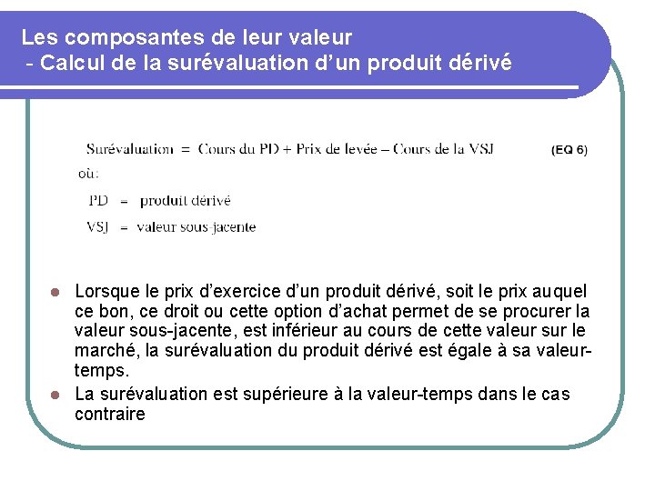 Les composantes de leur valeur - Calcul de la surévaluation d’un produit dérivé Lorsque