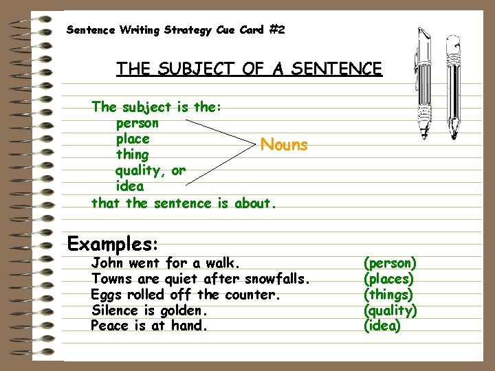 Sentence Writing Strategy Cue Card #2 THE SUBJECT OF A SENTENCE The subject is