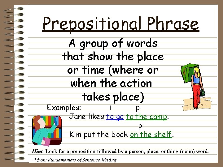Prepositional Phrase A group of words that show the place or time (where or