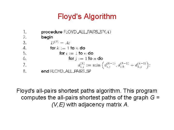 Floyd's Algorithm Floyd's all-pairs shortest paths algorithm. This program computes the all-pairs shortest paths