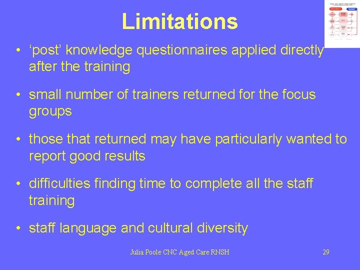 Limitations • ‘post’ knowledge questionnaires applied directly after the training • small number of