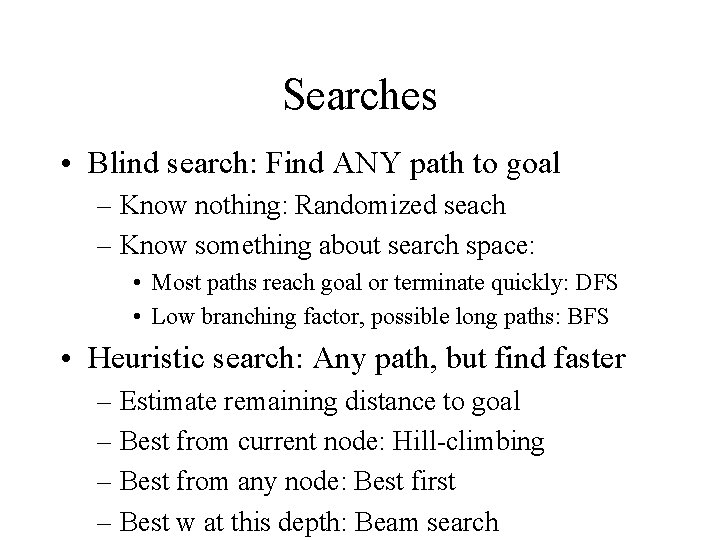 Searches • Blind search: Find ANY path to goal – Know nothing: Randomized seach