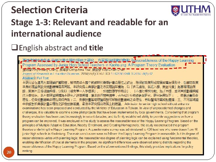 Selection Criteria Stage 1 -3: Relevant and readable for an international audience q. English