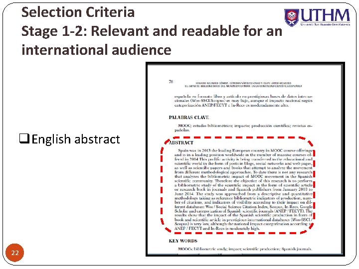 Selection Criteria Stage 1 -2: Relevant and readable for an international audience q. English