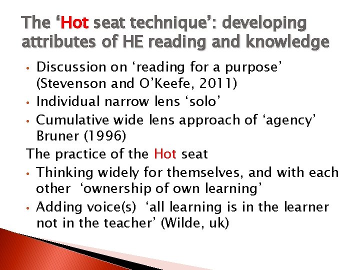 The ‘Hot seat technique’: developing attributes of HE reading and knowledge Discussion on ‘reading