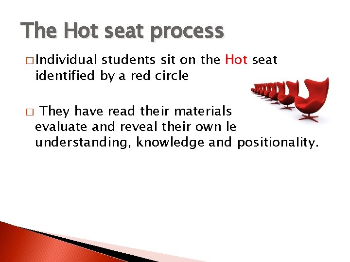 The Hot seat process � Individual students sit on the Hot seat identified by