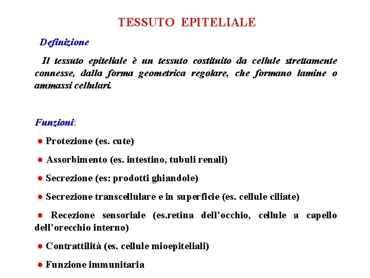 TESSUTO EPITELIALE Definizione Il tessuto epiteliale è un tessuto costituito da cellule strettamente connesse,