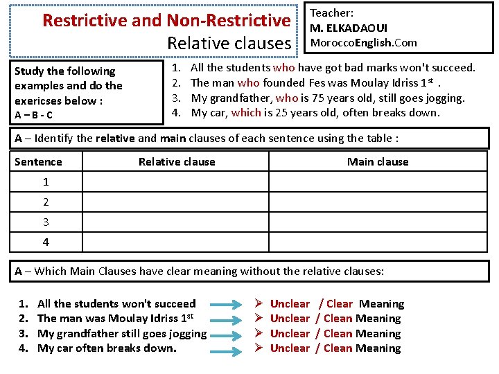 Restrictive and Non-Restrictive Relative clauses Study the following examples and do the exericses below
