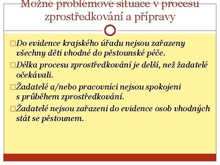 Možné problémové situace v procesu zprostředkování a přípravy �Do evidence krajského úřadu nejsou zařazeny