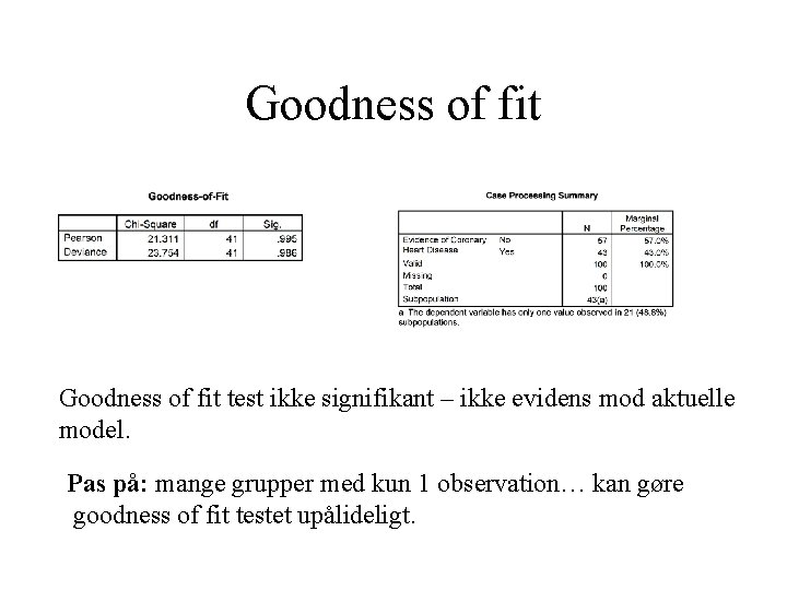 Goodness of fit test ikke signifikant – ikke evidens mod aktuelle model. Pas på: