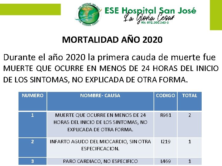 MORTALIDAD AÑO 2020 Durante el año 2020 la primera cauda de muerte fue MUERTE