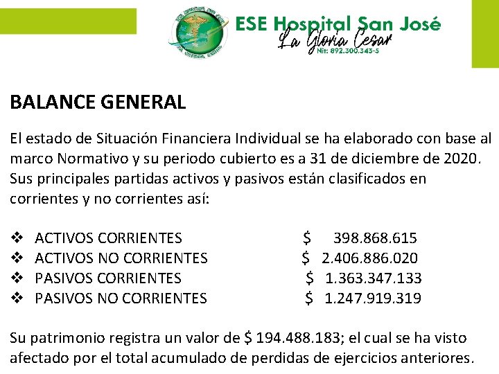 BALANCE GENERAL El estado de Situación Financiera Individual se ha elaborado con base al