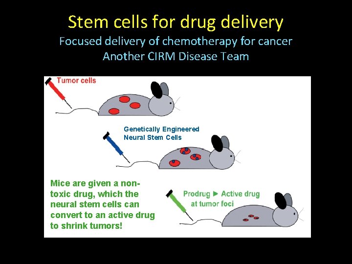 Stem cells for drug delivery Focused delivery of chemotherapy for cancer Another CIRM Disease