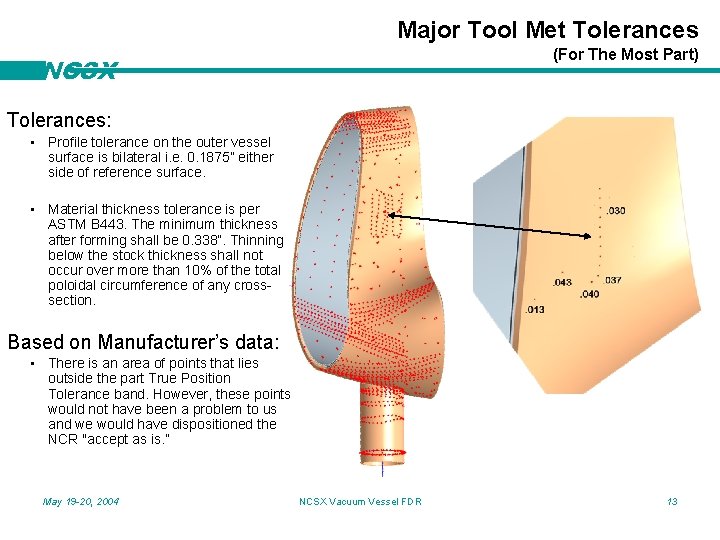 Major Tool Met Tolerances (For The Most Part) NCSX Tolerances: • Profile tolerance on